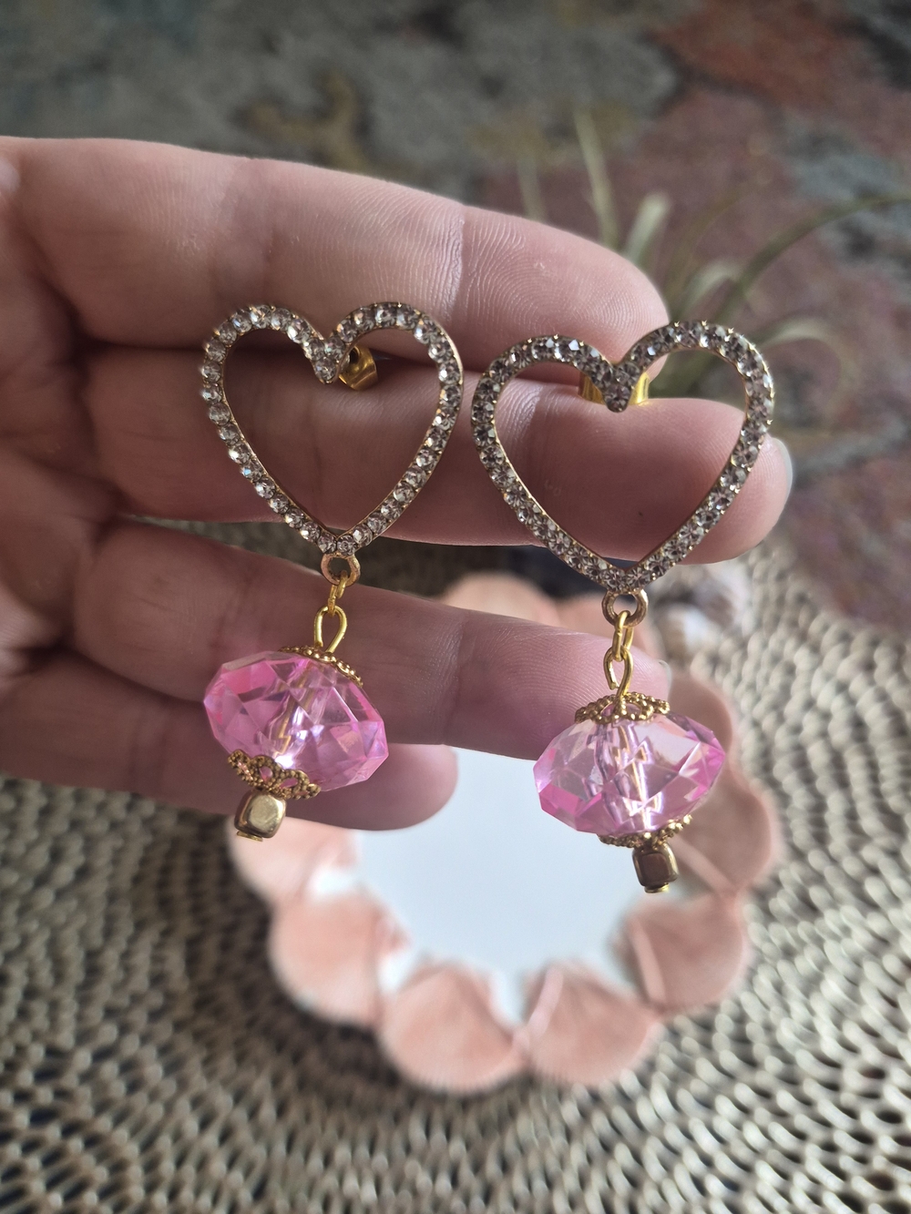 Gold Heart Drop Earrings with Pink Crystal Beads